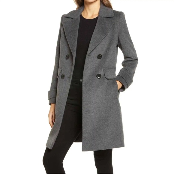 Sam Edelman Double Breasted Wool Blend Twill Coat Lapel Charcoal Gray Sz 4 NWT - Picture 2 of 7